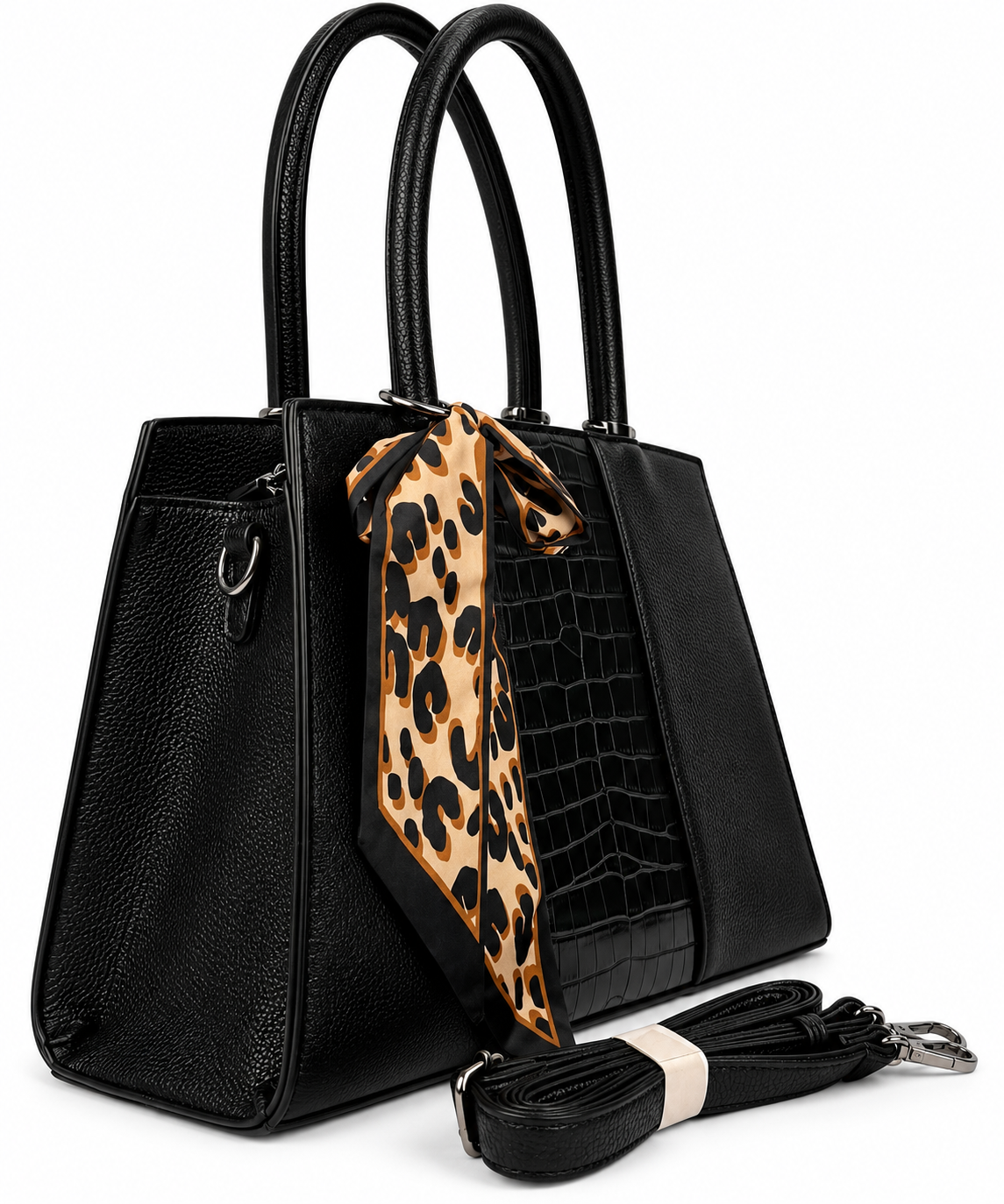 3-teiliges Damen Handtaschen-Set mit Kroko-Optik & Leo-Tuch – Schwarz