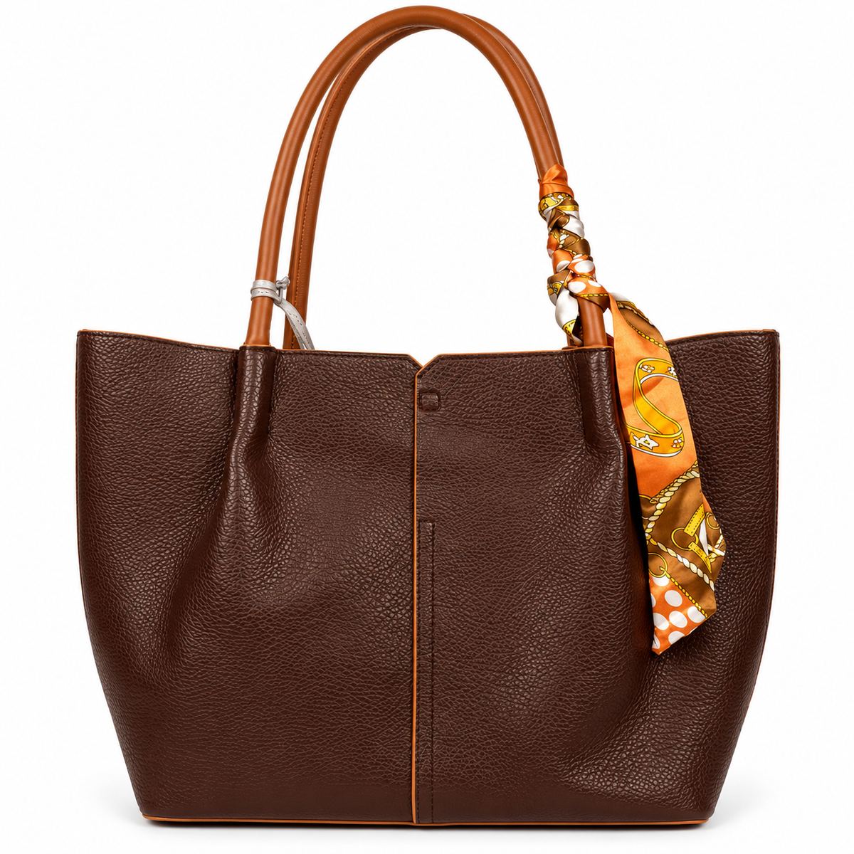 Elegante Damen Shopper Tasche in Dunkelbraun mit dekorativem Tuch – Große Schultertasche