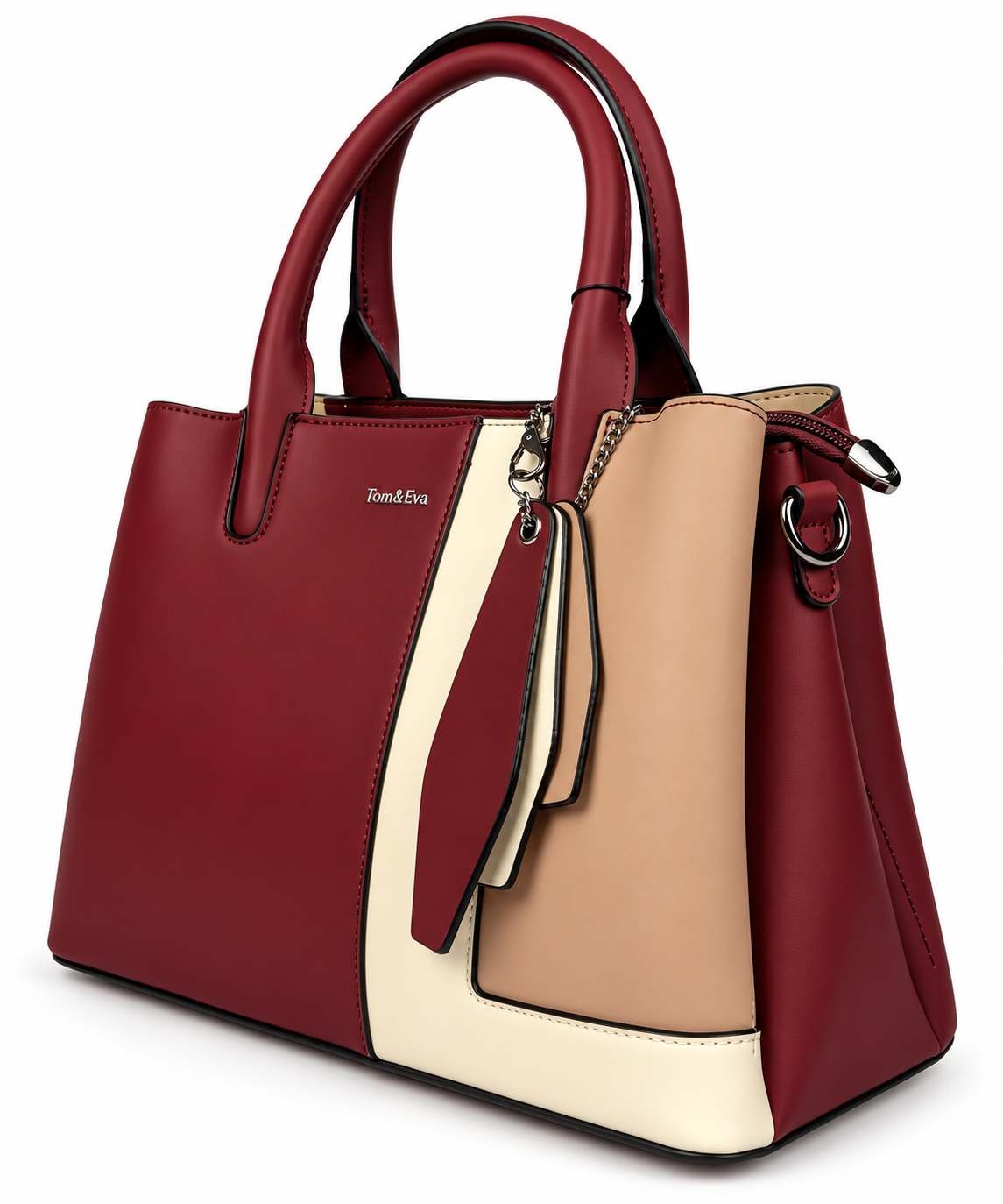 Elegante Damenhandtasche in Bordeauxrot, Beige & Creme