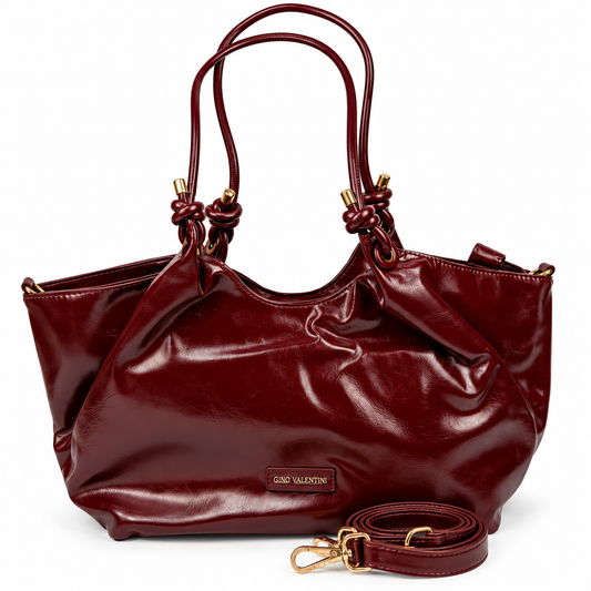 Gino Valentini Damen Schultertasche – Bordeauxrot mit Glanzoptik
