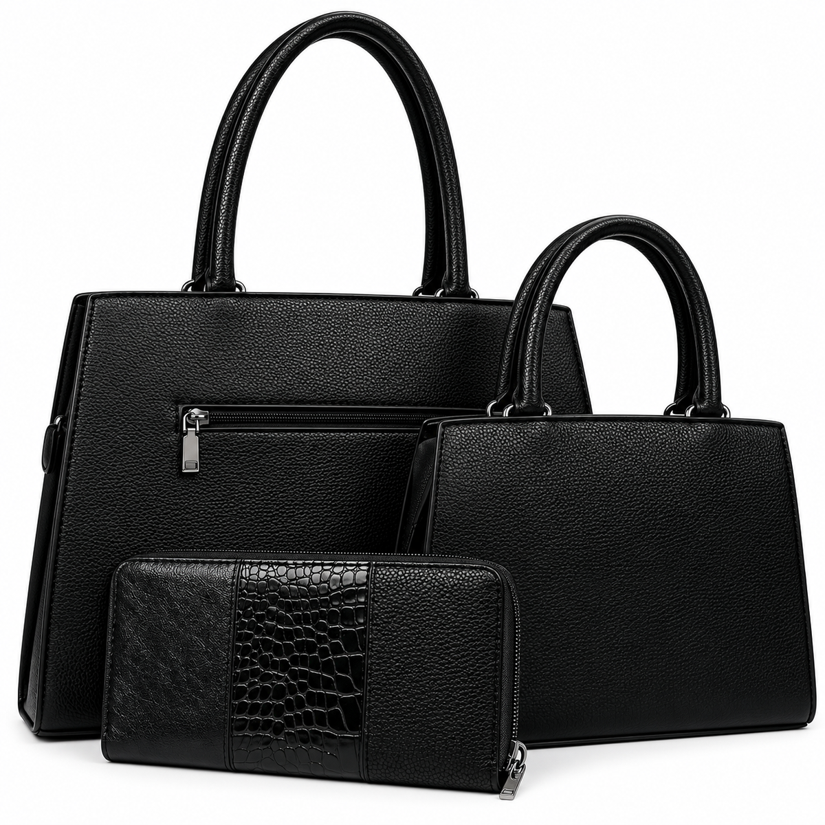 3-teiliges Damen Handtaschen-Set mit Kroko-Optik & Leo-Tuch – Schwarz