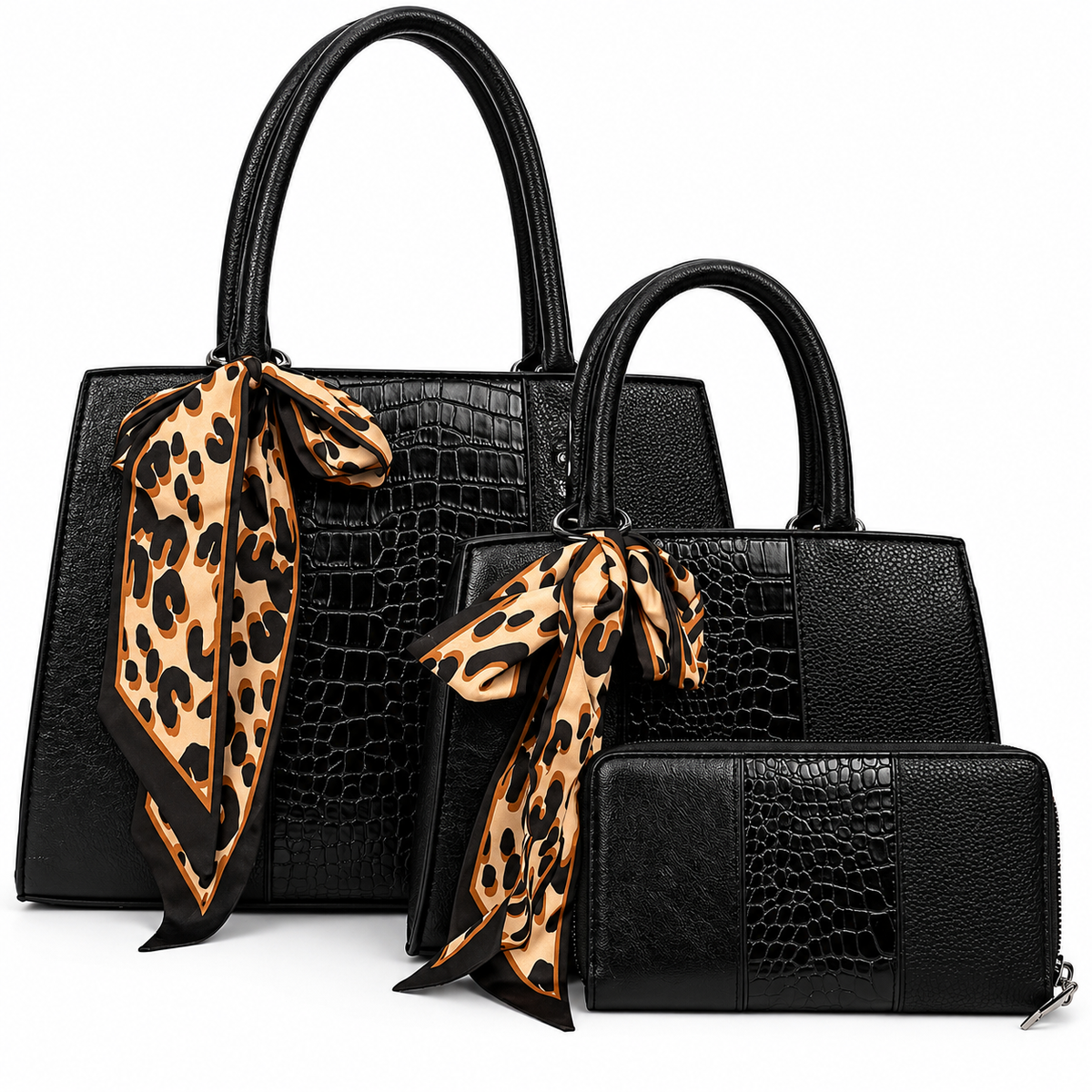 3-teiliges Damen Handtaschen-Set mit Kroko-Optik & Leo-Tuch – Schwarz