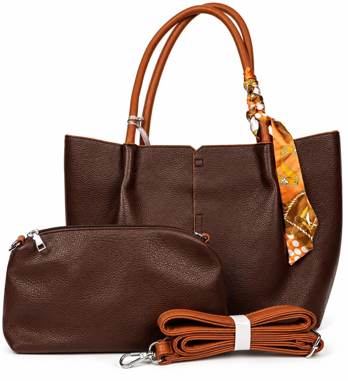 Elegante Damen Shopper Tasche in Dunkelbraun mit dekorativem Tuch – Große Schultertasche