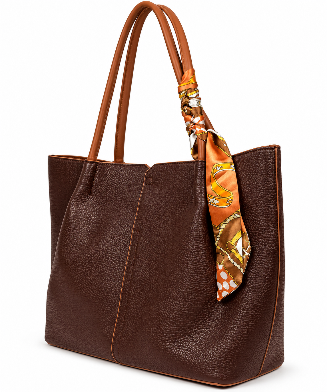 Elegante Damen Shopper Tasche in Dunkelbraun mit dekorativem Tuch – Große Schultertasche